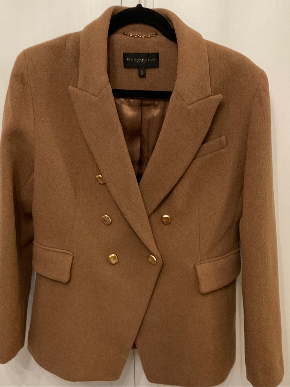 Donna Karan Camel Brown Double-Breasted Blazer with Gold Buttons